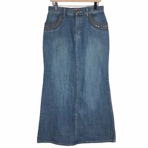 STYLE J Denim Jean Maxi Skirt Long Sequin Y2K Boho Fairy Core Embroidered Size 8